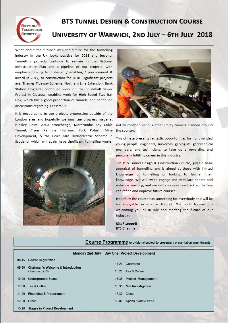 BTSYM's tweet photo. Are you a young tunneller, looking for a great training opportunity to invest your 2018 training budget on? Then the @BTS_Tunnelling Design and Construction Course at @warwickuni, from 2nd to 6th July is the answer for you!!! https://t.co/3wDfNNxsew https://t.co/S0RWf0acNu