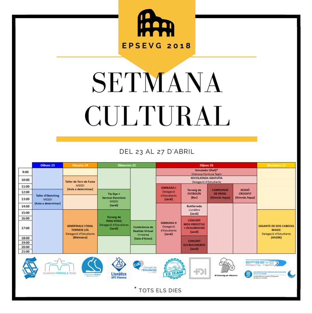 DE_EPSEVG's tweet photo. ESTAIS PREPARADOS? ya tenemos el horario de la semana cultural. Apúntate a las actividades que hemos preparado para todos! No te olvides de etiquetar a todos tus amigos y pasar la voz! @EpsevgRacing @BibUPCVILANOVA @mesdigroup @E3_Team_EPSEVG @CdE_UPC @AquaSportClubs @EsportsUPC https://t.co/AhkjdcsJuA