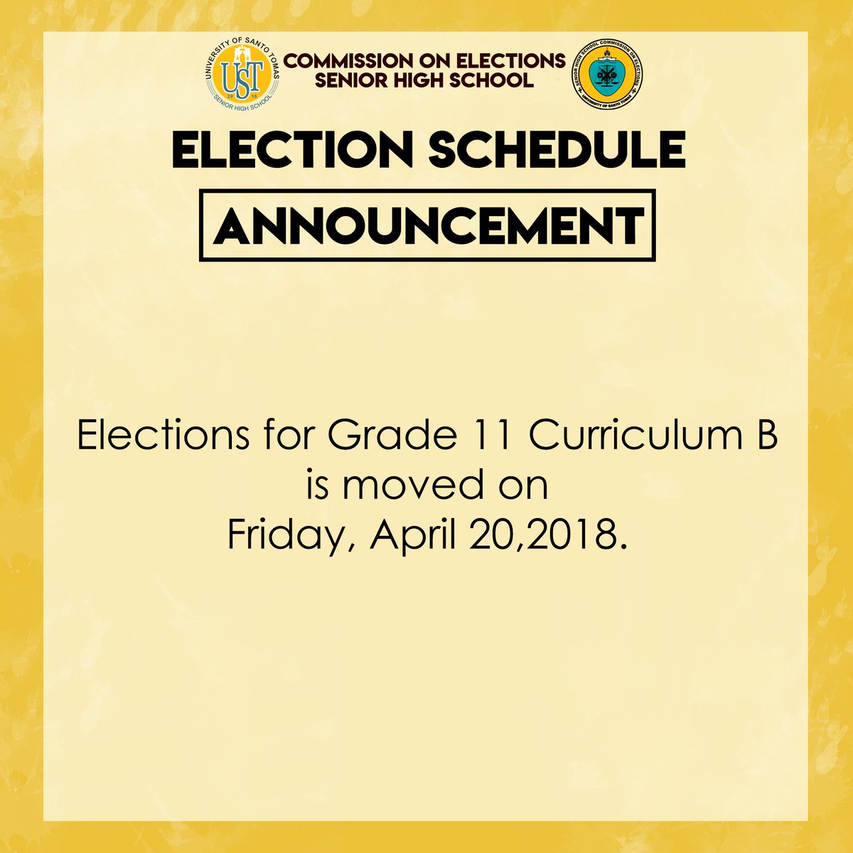 ustshscomelec's tweet photo. Attention Grade 11 Curriculum B students!
Please be guided accordingly.
All together for a culture of empowered democracy!
#USTHalalan2018
#USTLSC2018
#AngUnangHalalan https://t.co/WYrKZ2YBLy