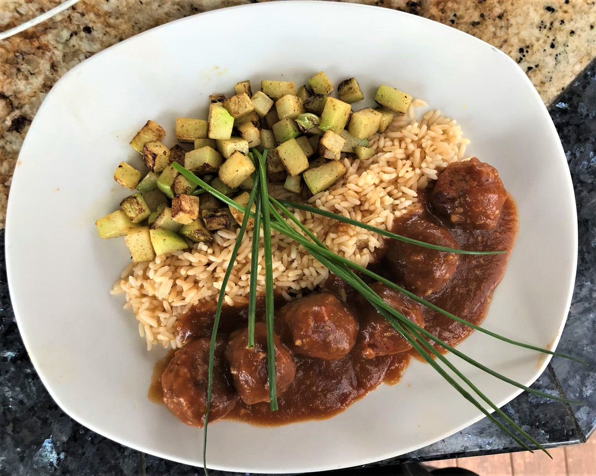 SoCoCafe's tweet photo. Cajun meat balls on the new menu!!! Red wattle pork pan seared meatballs in a rich smoked tomato brown gravy served with steamed rice, mirliton squash 
#dinner #eatlocal #sococafe #newmenu #spring https://t.co/y2yphoUu23