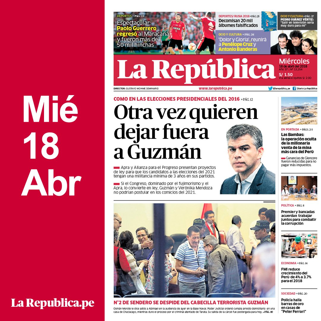 larepublica_pe's tweet photo. ¡Buenos días! Esta es la portada de nuestra edición impresa ► https://t.co/lGV4y4wJBd https://t.co/h1D56omdfk