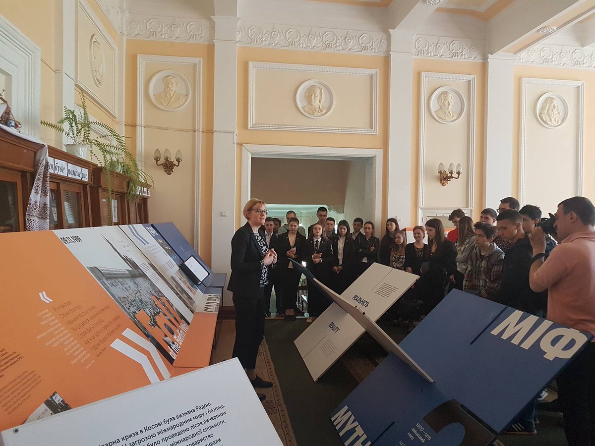 NATOinUkraine's tweet photo. #NATO traveling #Formula4Security Exhibit arrived today in #Chernivtsi. Deputy #DirNIDC Viktorija Cieminyte talks about NATO's history and values. https://t.co/dDbNKtAyd1