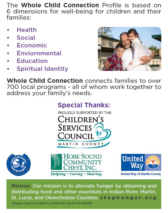 tcfoodbank's tweet photo. Whole Child Connection connects families to over 700 local programs - all of whom work together to address the needs of each family. For more information visit https://t.co/fcCQo3xpVX or call 772.463.2168 #Wholechildconnection #TCFoodBank https://t.co/ac4bS2vRhe