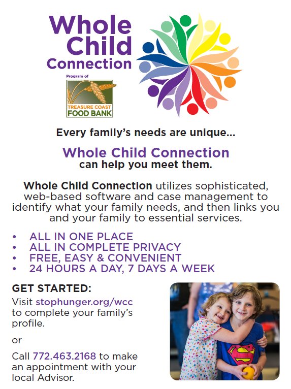 tcfoodbank's tweet photo. Whole Child Connection connects families to over 700 local programs - all of whom work together to address the needs of each family. For more information visit https://t.co/fcCQo3xpVX or call 772.463.2168 #Wholechildconnection #TCFoodBank https://t.co/ac4bS2vRhe