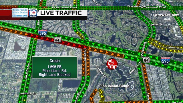 CRASH: I-595 EB & Pine Island Rd. A right lane is blocked and delays are stretching. #TRAFFIC https://t.co/SZWXeYAFpI