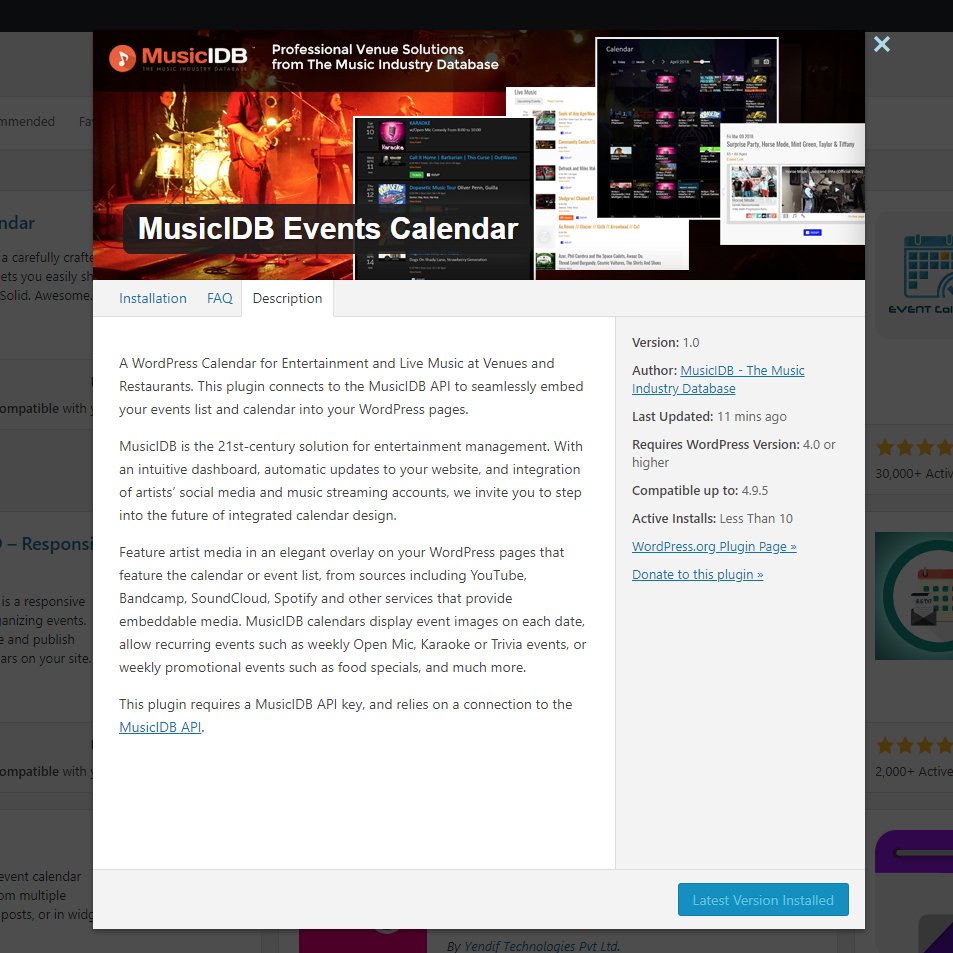 MusicIDB's tweet photo. Introducing the MusicIDB Events Calendar Plugin - for Venues on WordPress website. Includes artist media from #bandcamp, #soundcloud #YouTube and more in an elegant overlay when you click any date, ~9000 taggable artists, recurring events. Message us for your API key
#musictech https://t.co/yckFChwDFJ