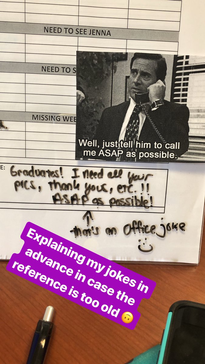 jglaze429's tweet image. Sometimes my jokes are too dated for my students so I’ve decided to start explaining them 😂 #TheOffice #asapaspossible