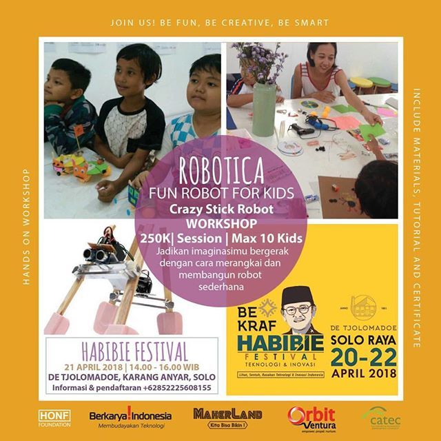 Halo teman-teman di Solo kita akan bikin workshop di kota kalian tanggal 21 April 2018. Yuk buruan daftar :
.
ROBOTICA
DIY funtastic robot workshop
.
Jadikan imaginasimu bergerak dengan membangun robot yang lucu
.
Yang akan didapatkan dengan mengikuti workshop ini adalah :
-…