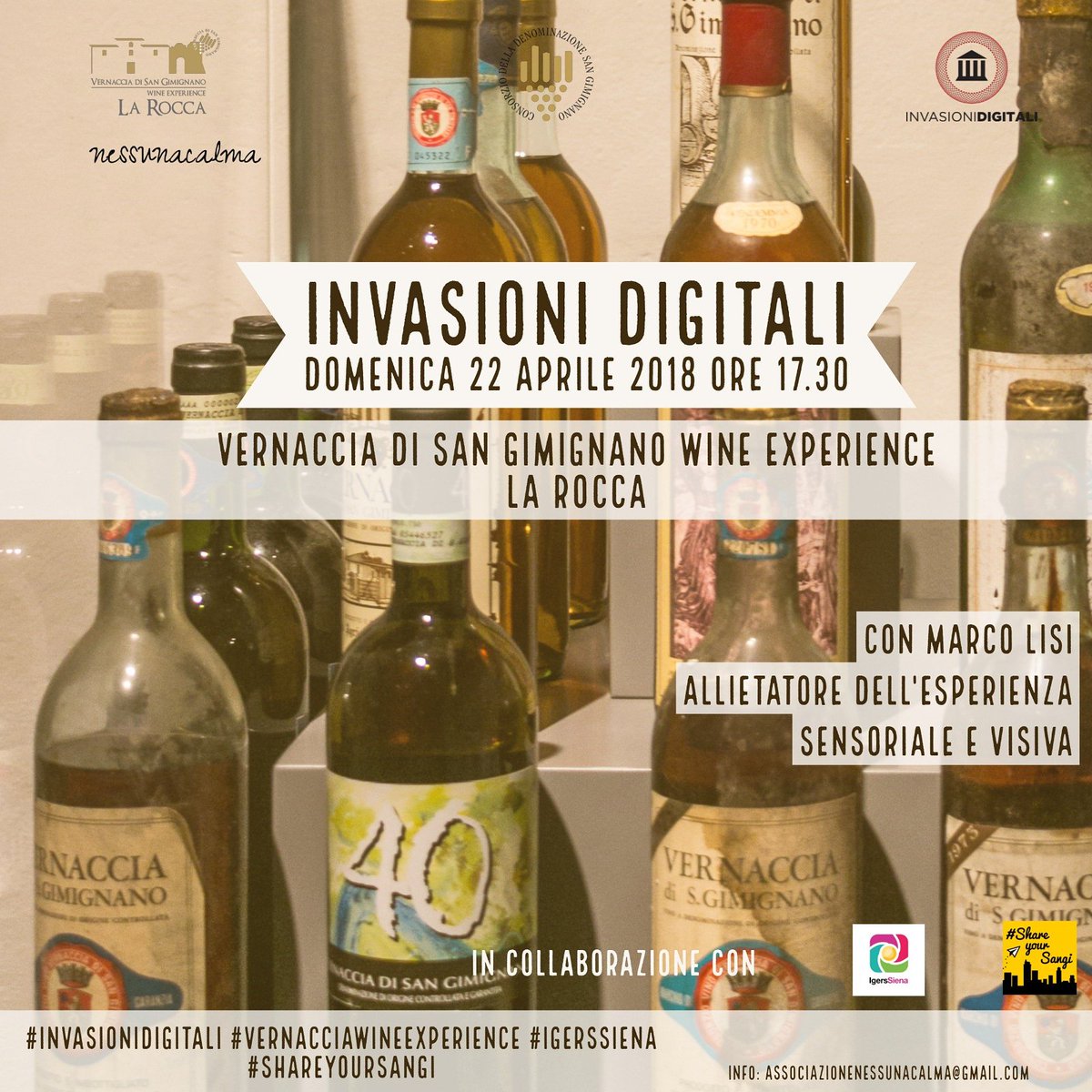 Domenica 22 aprile ore 17.30 esperienza sensoriale e visiva al Vernaccia Wine Experience con associazione NessunaCalma e <a href="/igerssiena/">Igers SIENA</a> <a href="/InvasioniDigita/">Invasioni Digitali 🏛</a> #invasionidigitali #sangimignano 
Prenotazioni su Eventbrite goo.gl/U7YnUk