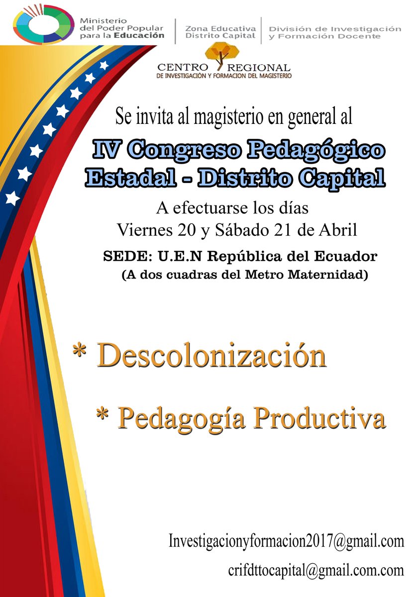 cliflavega's tweet photo. 📢¡ASISTE! TE ESPERAMOS este viernes 20 y sábado 21... IV CONGRESO  ESTADAL @MPPEDUCACION @MPPEFormacion @PTMSNACIONAL @JauaMiranda @ZonaEducativaDC @javierojasmo @CRIF_Dtto_Cap https://t.co/ufdUWbCvAA