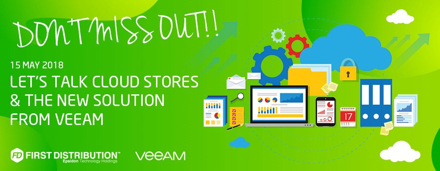 First4Cloud's tweet image. Save the date! First Distribution invites you to an afternoon of talking Cloud stores and an introduction to the @veeam Cloud Backup Repository solution, on 15 May. Details to follow soon!
For more info in the meantime, please contact Dana at dana.cinman@firstdistribution.co.za.