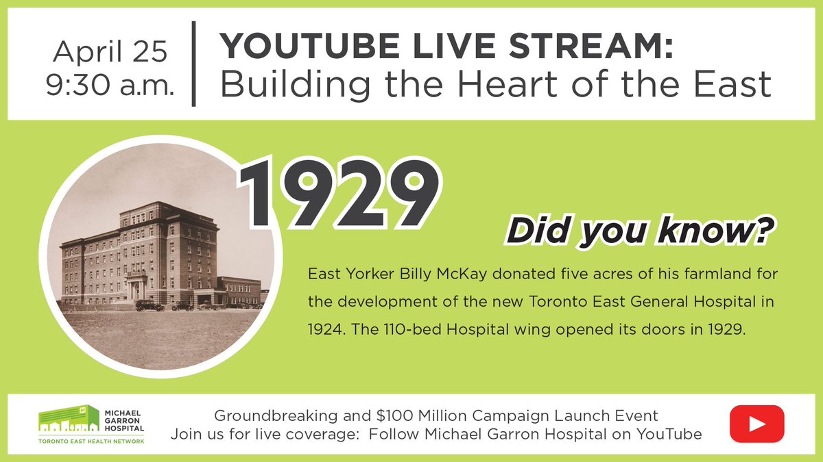 MGHToronto's tweet photo. Giving #EastTO the #healthcare facility it deserves. We're breaking ground on the #PatientCareCentre April 25! As we countdown, we're celebrating MGH through the decades starting with the 20s! #HeartoftheEast #BuildtheEast @SarahEDowney1 @stumpo_carmine @wolfklassen @IreneAndress https://t.co/j9xJoPL774