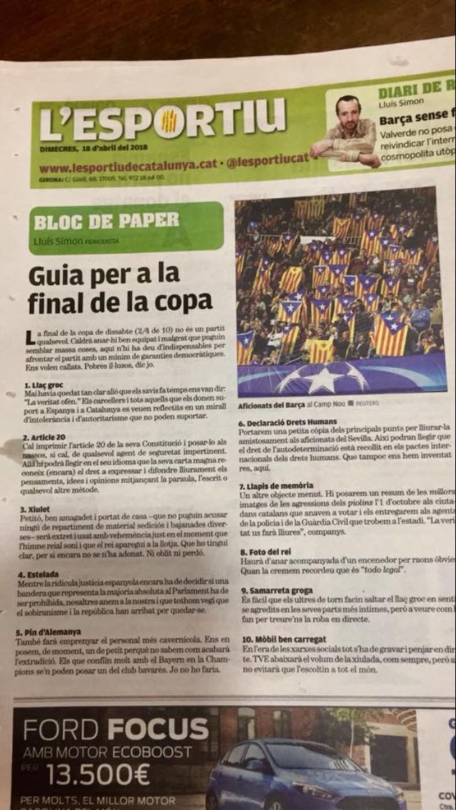 edeapie's tweet photo. ¿Esto nos es incitación al odio?  lista de material para llevar a la final de copa, en el que podemos encontrar silbatos, lazo amarillo y una foto del rey junto a un mechero, entre otras cosas https://t.co/bFsDSov5nK