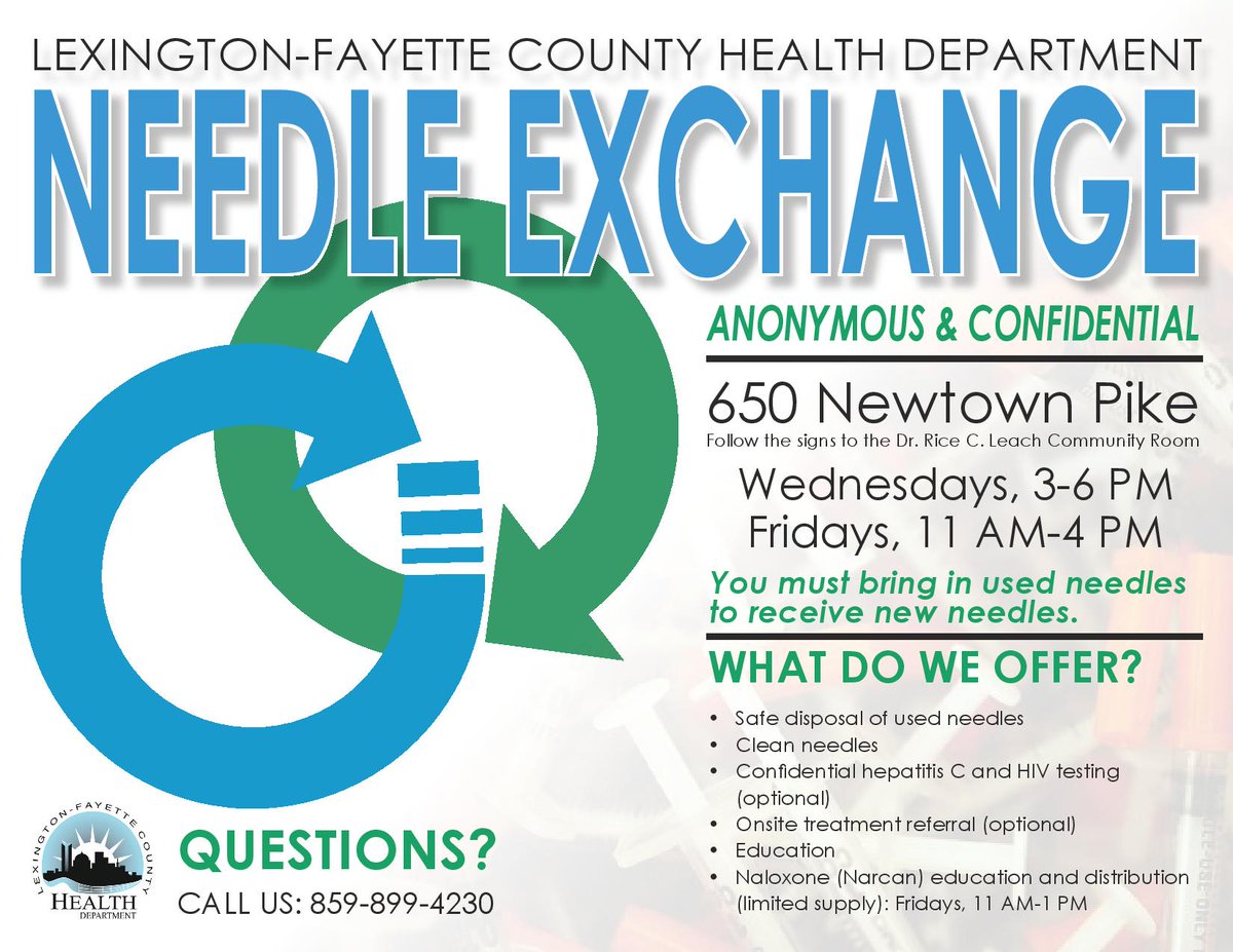 LFCHD's tweet photo. Our #needleexchange is adding a 2nd day: 3-6pm Wednesdays, with #hepatitisC &amp; #HIV testing by @AVOLKY &amp; on-site referrals to rehab by @BluegrassBoard. The program is also open 11am-4pm Fridays, with referrals by @LexKySocialServ  &amp; testing by our staff. #locallex #harmreduction https://t.co/eXheRV9ZeS