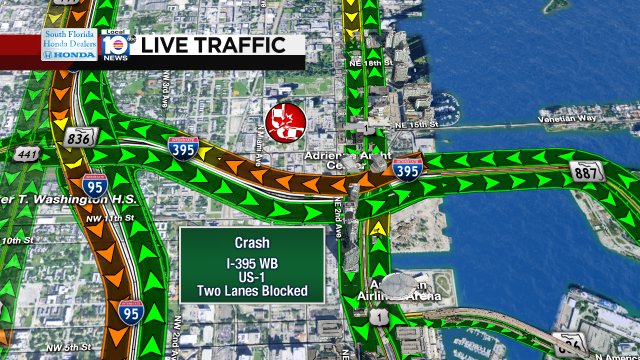 CRASH: I-395 WB & US-1. Two lanes are blocked. #TRAFFIC #MIAMI https://t.co/BeiOfUTKcY