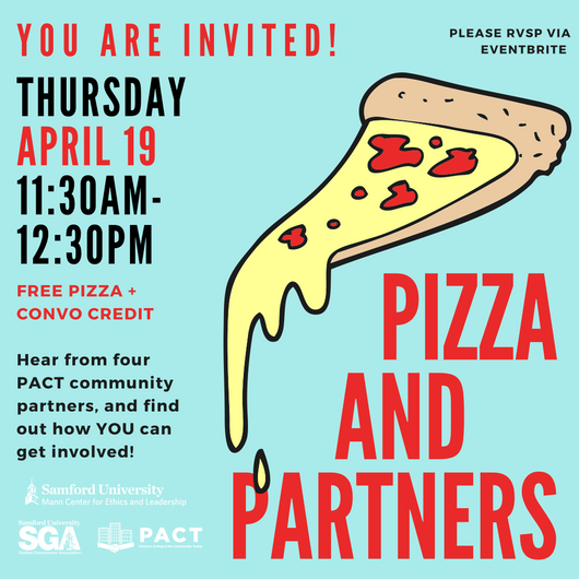 SamfordSuccess's tweet photo. Join Samford PACT and @SamfordSGA for Pizza and Partners tomorrow from 11:30-12:30! Register on Eventbrite so that you can get pizza! @MannCenterSU https://t.co/XBUfj98nog
