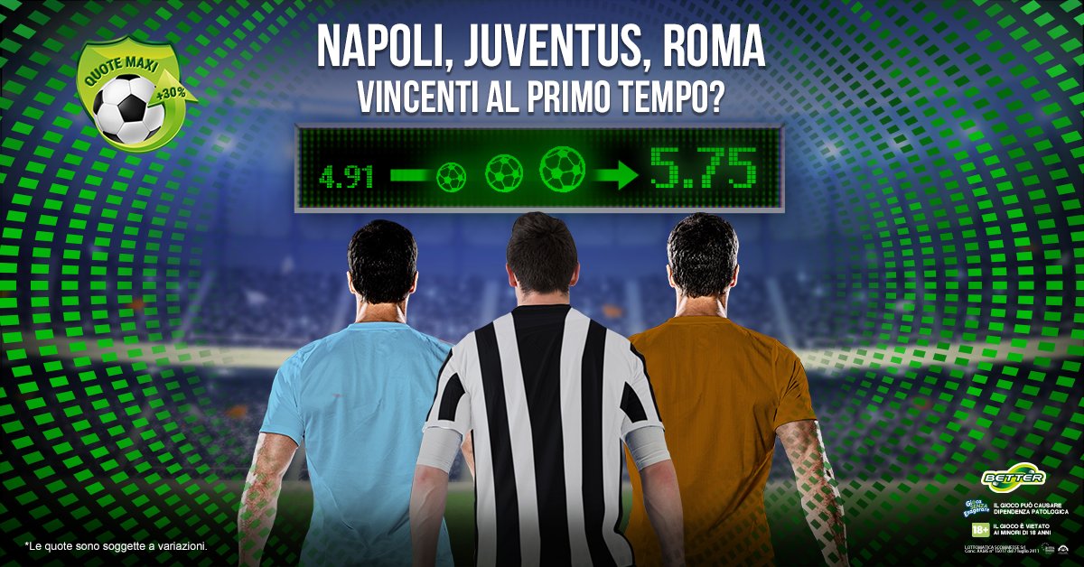 BetterScommesse's tweet photo. La Serie A scende in campo alle 20:45. Gioca le big vincenti al primo tempo e approfitta della nostra speciale QUOTA MAXI.​ https://t.co/sDSJ6H5ENp https://t.co/UIy3Id85Po