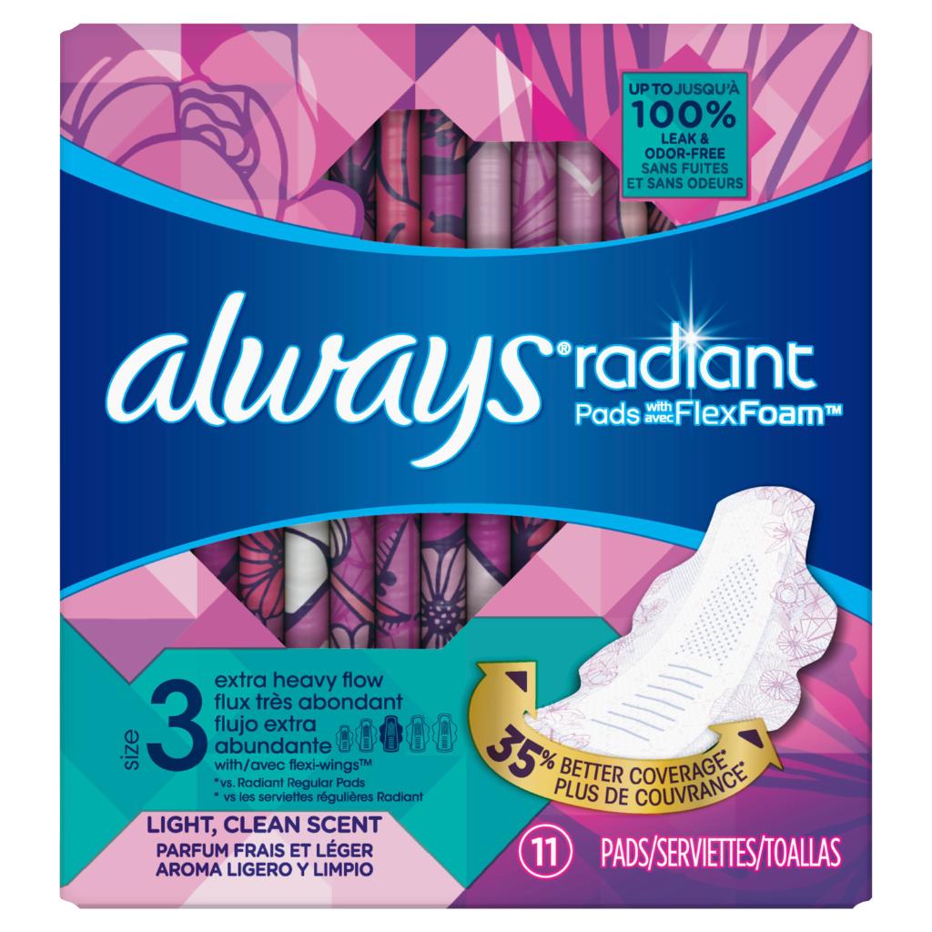 Always's tweet photo. Try Always Radiant pads for up to 100% leak and odor-free protection so you can dare to wear what you want! #AlwaysRadiant 💜 https://t.co/2lbsjPHox5 https://t.co/LJUqMVsoT2