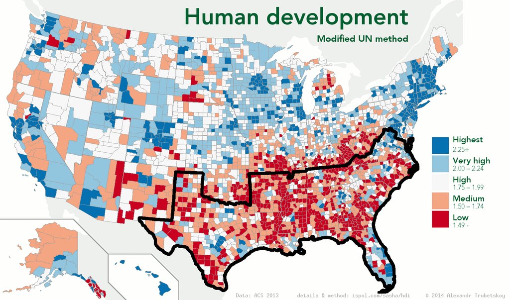 Borders of the #Confederacy superimposed on a #map of human development in the US. Source: buff.ly/2H5pKt8