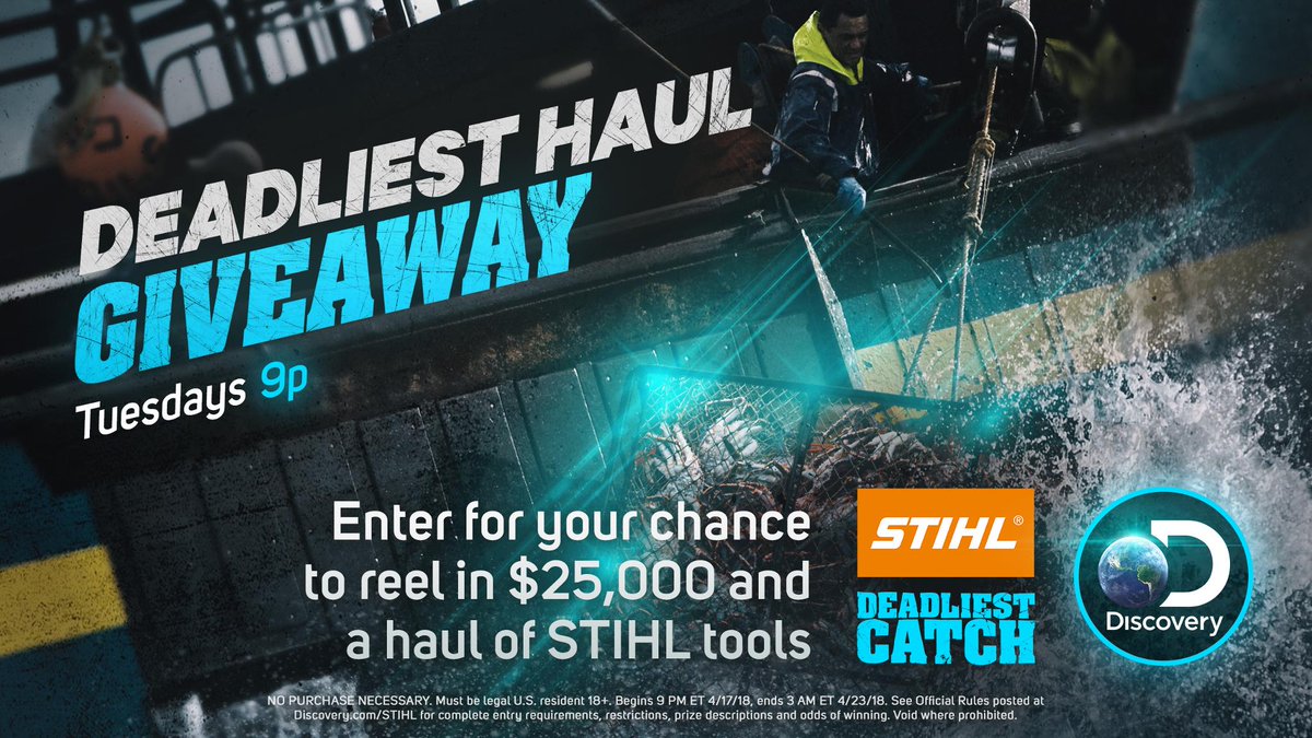 Discovery's tweet photo. Hey #CatchFans - Reel in a haul of @STIHL tools and a payday bigger than the Greenhorns’ during #DeadliestCatch. Tune in tonight at 9/8c to find out how! #Giveaway #DeadliestHaul https://t.co/Op5zUSkJVv