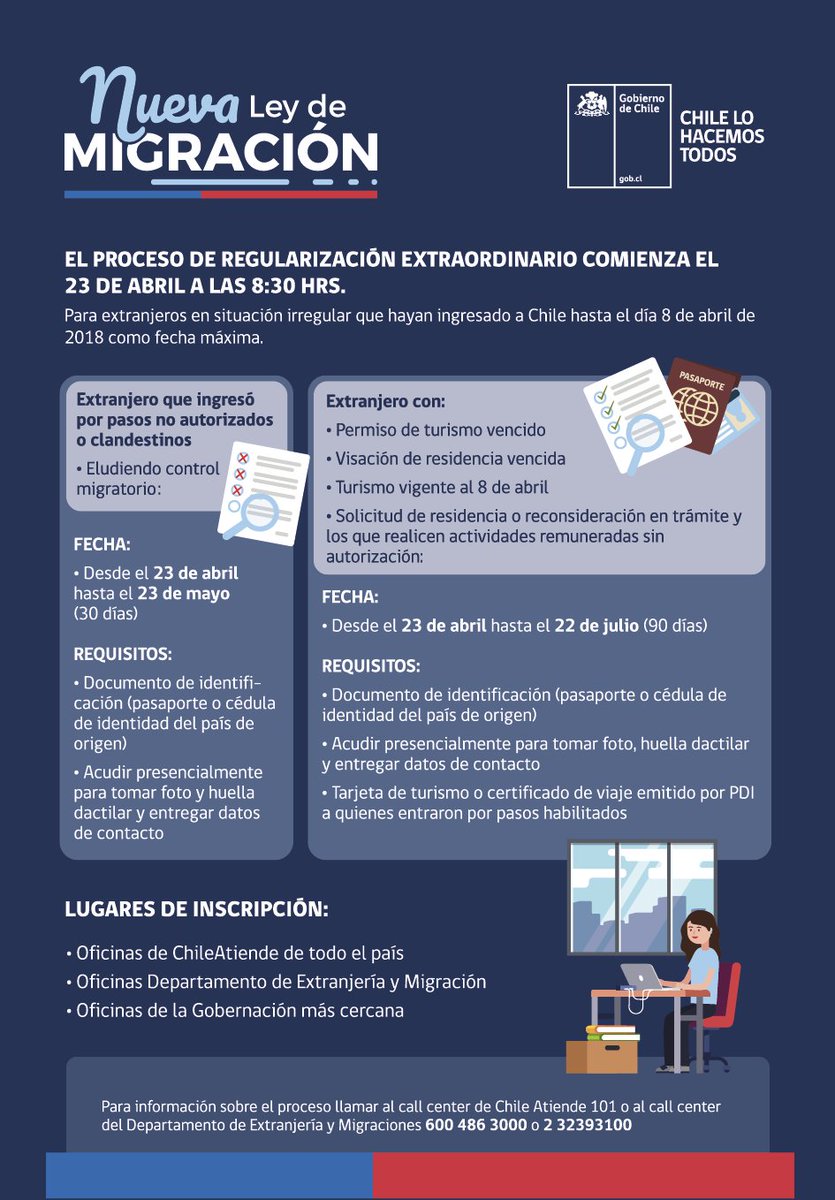 MigracionesCL's tweet photo. Estimados usuarios, los invitamos a informarse sobre Proceso de Regularización Extraordinario 2018: fechas, horarios, requisitos y lugares de inscripción más cercanos.
https://t.co/upirUPhsZd https://t.co/96z0vL6F0h