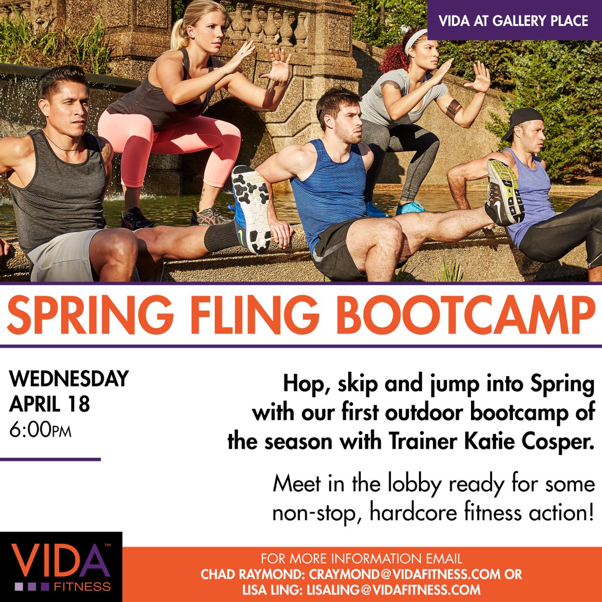 VIDAFitnessDC's tweet photo. Join us for #SpringFling boot camp tonight to celebrate the warmest weather we'll have all week! Meet Katie in the lobby at 6pm & then we'll hit the streets! 💪🏽💦🏃🏽♀️ #dcbootcamp #galleryplace https://t.co/ub35YNUERx
