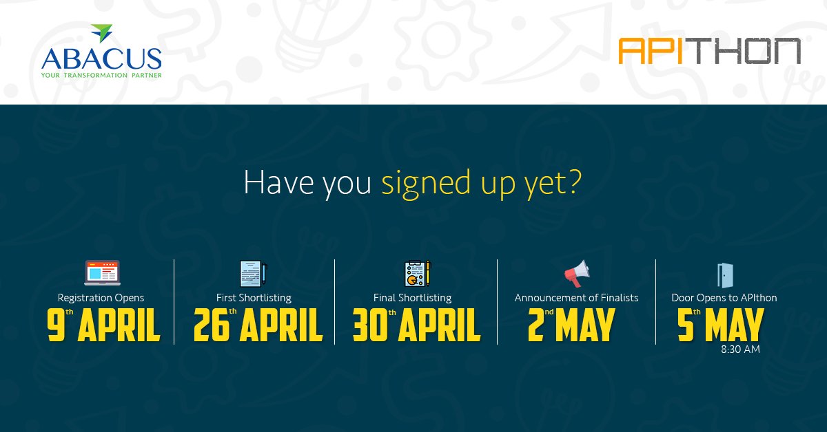 AbacusGlobal's tweet photo. The countdown to APIthon has begun. It won't be long before the brightest minds of the country team up with corporations to innovate amazing apps and services! If you still haven't signed up, do it now at https://t.co/bqc0cKDAwL
#AbacusGlobal #APIthon #CollaborateToInnovate https://t.co/yWcU9OeXHN
