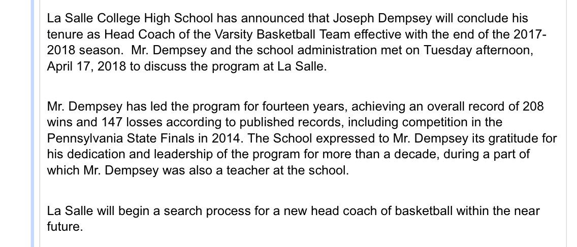 ADRobinson3's tweet image. In an email sent out this morning, La Salle College High School has announced Joe Dempsey will conclude his tenure as the boys’ basketball head coach
