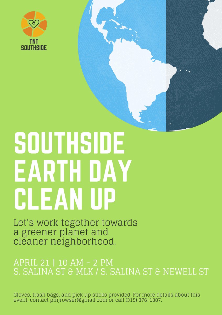 Southside Earth Day Cleanup is this Saturday from 10 a.m. to 2 p.m. Meet at the corner of S. Salina Street and MLK or S. Salina Street and Newell. Gloves and pickup sticks provided. #syracuseearthday
