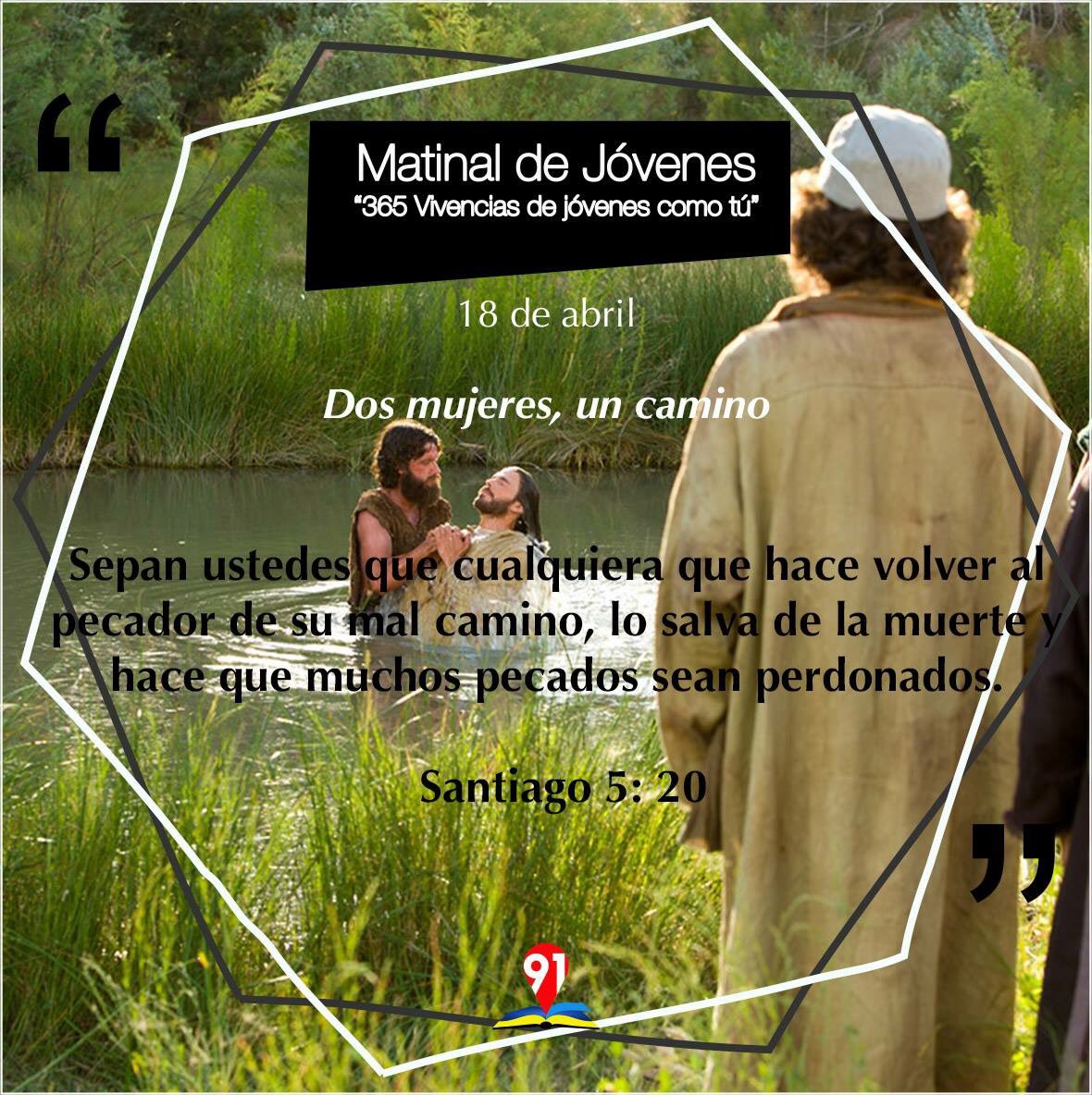 zona91ja's tweet photo. Dos mujeres, un camino

 Matinal Para Jóvenes 2018  Para el: 18 abril

«Sepan ustedes que cualquiera que hace volver al pecador de su mal camino, lo salva de la muerte y hace que muchos pecados sean perdonados». Santiago 5: 20 https://t.co/BUKJG0wpIR