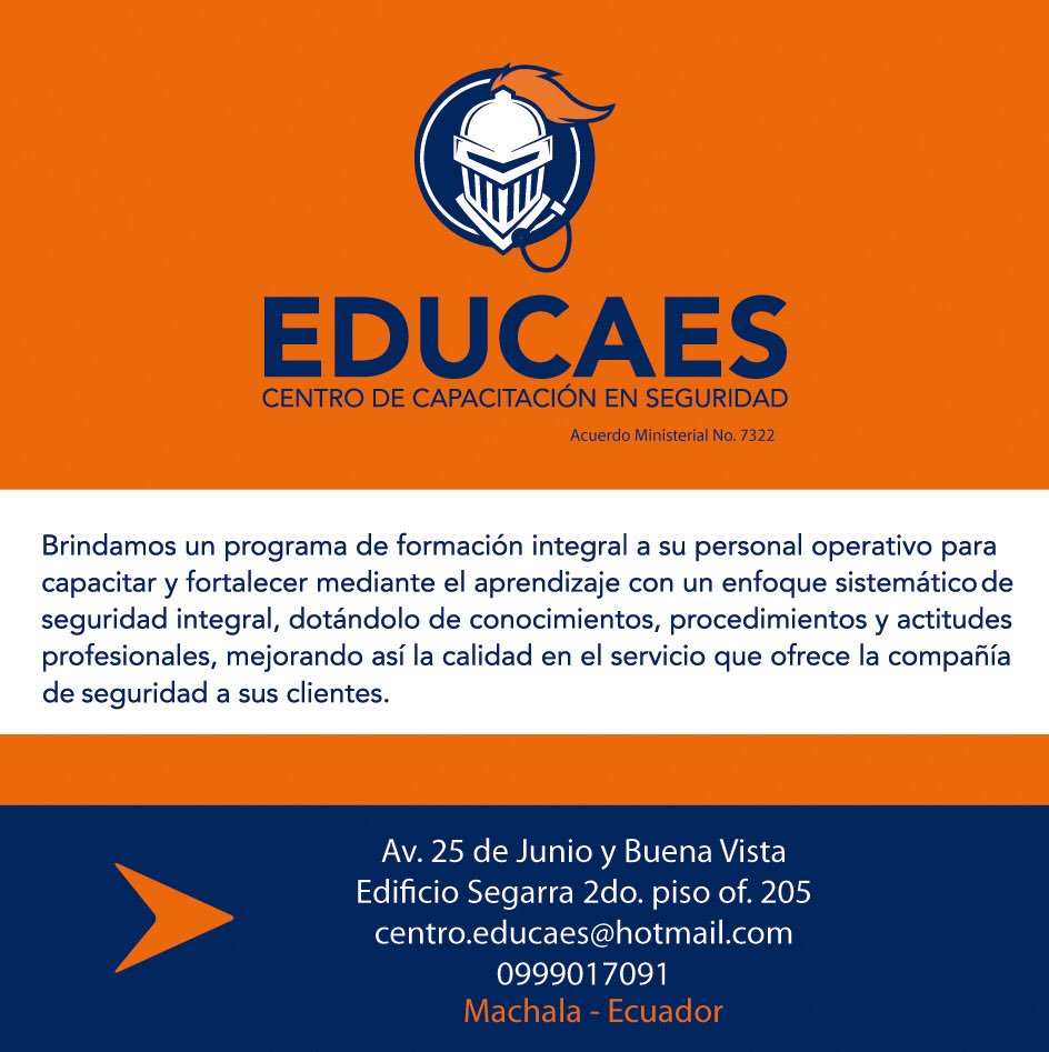 educaesloja's tweet photo. Inscripciones Abiertas en #Machala #EDUCAES Capacitacion para #GuardiasDeSeguridad https://t.co/nPypl3j2Il
