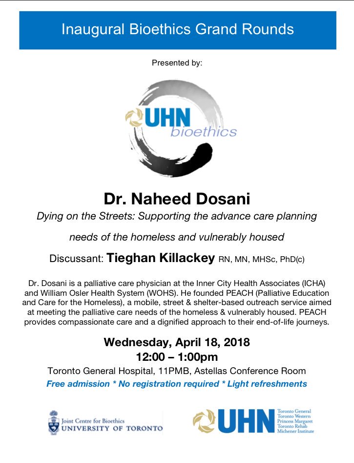 NaheedD's tweet photo. So honoured to be delivering the inaugural @UHN #Bioethics Grand Rounds today alongside @tieghank. For those who are in the area, feel free to join us. #cdnhealth #topoli #meded #ACPDay2018 #ACP #sdoh https://t.co/tjIOBUJSmv
