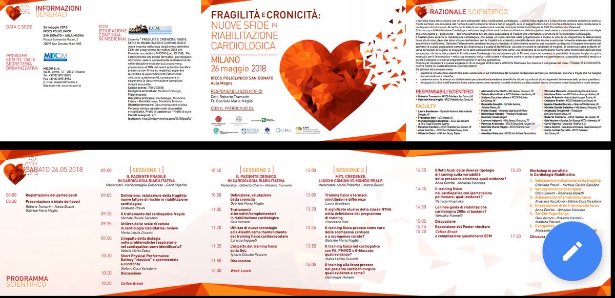 SICOAareafisio's tweet photo. #merCUOREdí :Mancano 3 giorni #26MAGGIO 2018 #GRUPPOSANDONATO #CONGRESSO #FRAGILITY IN #CardiacRehabilitation #CARDIACREHAB #AIFI #SIFIR #EAPC #REGIONELOMBARDIA ISCRIZIONI ANCORA APERTE. https://t.co/BJK1z3PAQf https://t.co/SFzYCEAXjg