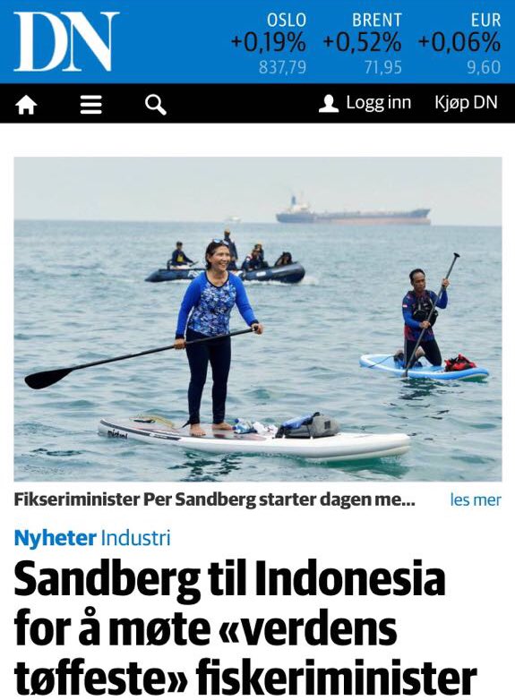 nrg07's tweet photo. Ibu @susipudjiastuti masuk headline berita di media Norwegia. Artinya: “Sandberg (Menteri Perikanan Norwegia) akan ke Indonesia untuk bertemu Menteri Perikanan paling tangguh (tough) di dunia”. https://t.co/zjsxfkxb6S