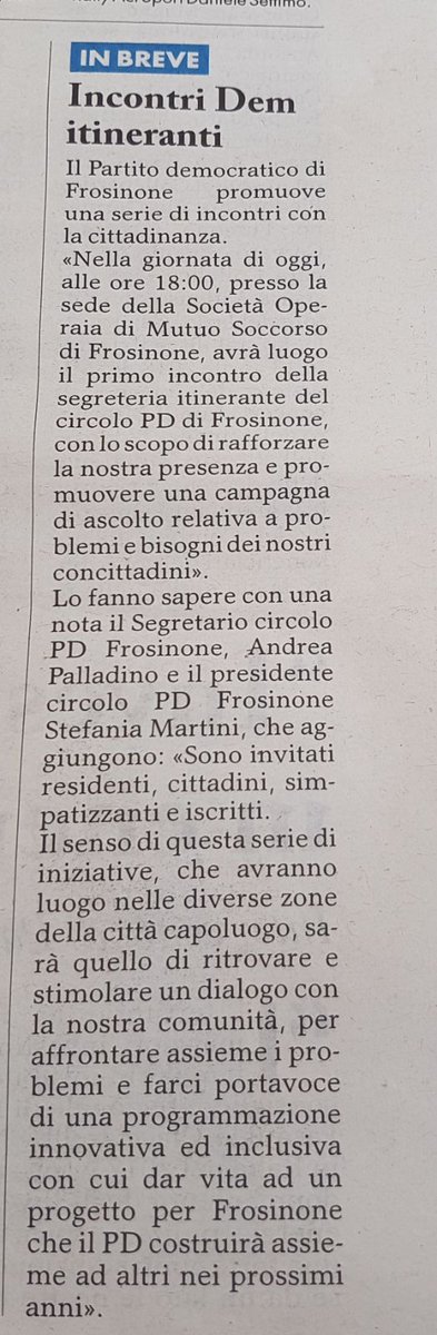 CircoloF's tweet photo. #RassegnaStampa edizione odierna La Provincia Quotidiano

#PDfrosinone #RipartiamoInsieme #segreteriaitinerante #ascolto #programmazione #dialogo #soluzioni https://t.co/TBFKJEp67s