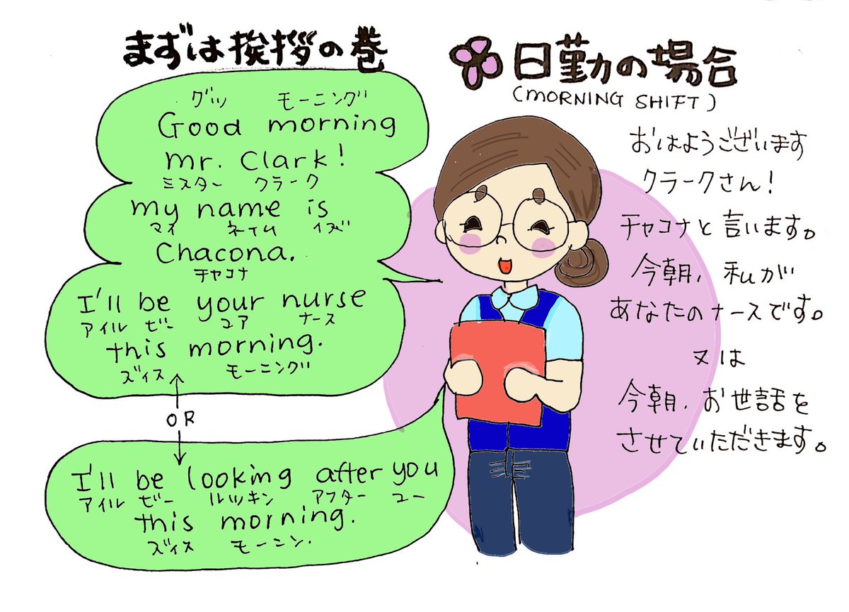 Chacona En Twitter オーストラリア産日本人看護師のプチ医療英会話 朝の挨拶の巻 医療英語 オーストラリア 看護師 イラスト 英会話