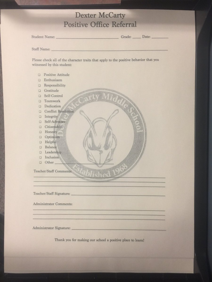 Loving these new positive referrals <a href="/NimzAmy/">Amy Nimz</a> unleashed on <a href="/DMMShornets/">Dexter McCarty MS</a> yesterday! Can’t wait to catch some kids doin the right thing! #GoHornets
