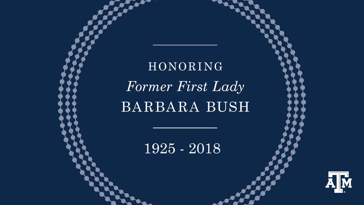 blue graphic with circle of pearls and text saying "Honoring Former First Lady Barbara Bush, 1925-2018"