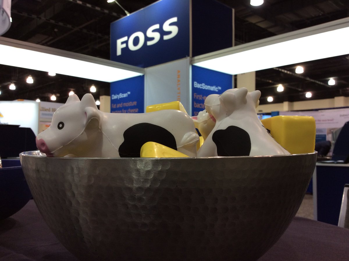 FOSS_Americas's tweet photo. What better place for squeezie dairy cows and cheese wedges? Show starts in 15 minutes! Visit #FOSS at booth #1201. #ICTE2018 #cheeseexpo #cheeseanalysis https://t.co/ORAl08cMko