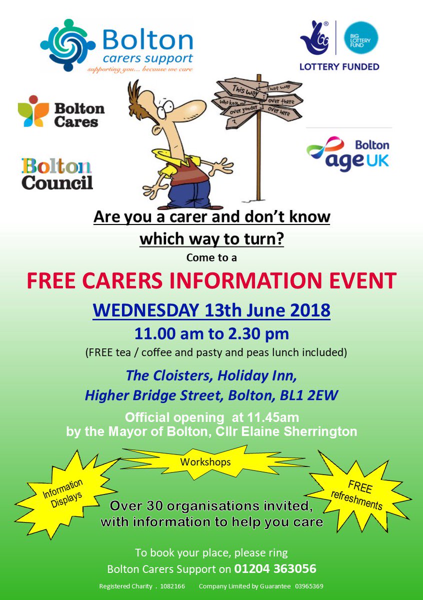 DATE FOR YOUR DIARY
FREE Carer's Information Day.... 11.00am to 2.30pm  Wednesday 13th June 2018 at Holiday Inn, Bolton......... <a href="/boltoncarers/">Bolton Carers Support</a> <a href="/BoltonCares/">Bolton Cares</a> <a href="/boltoncouncil/">Bolton Council</a> <a href="/HIBoltonCentre/">Holiday Inn Bolton </a>  <a href="/carersweek/">Carers Week</a>  #Freepastyandpeaslunch