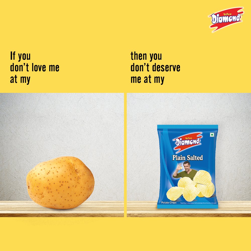 YellowDiamondIN's tweet photo. A Relation-chip that cannot be broken #DildaarHainHum #YellowDiamondSnacks #YellowDiamond #Meme #FoodPun #Foodie https://t.co/QKSgr83RWT