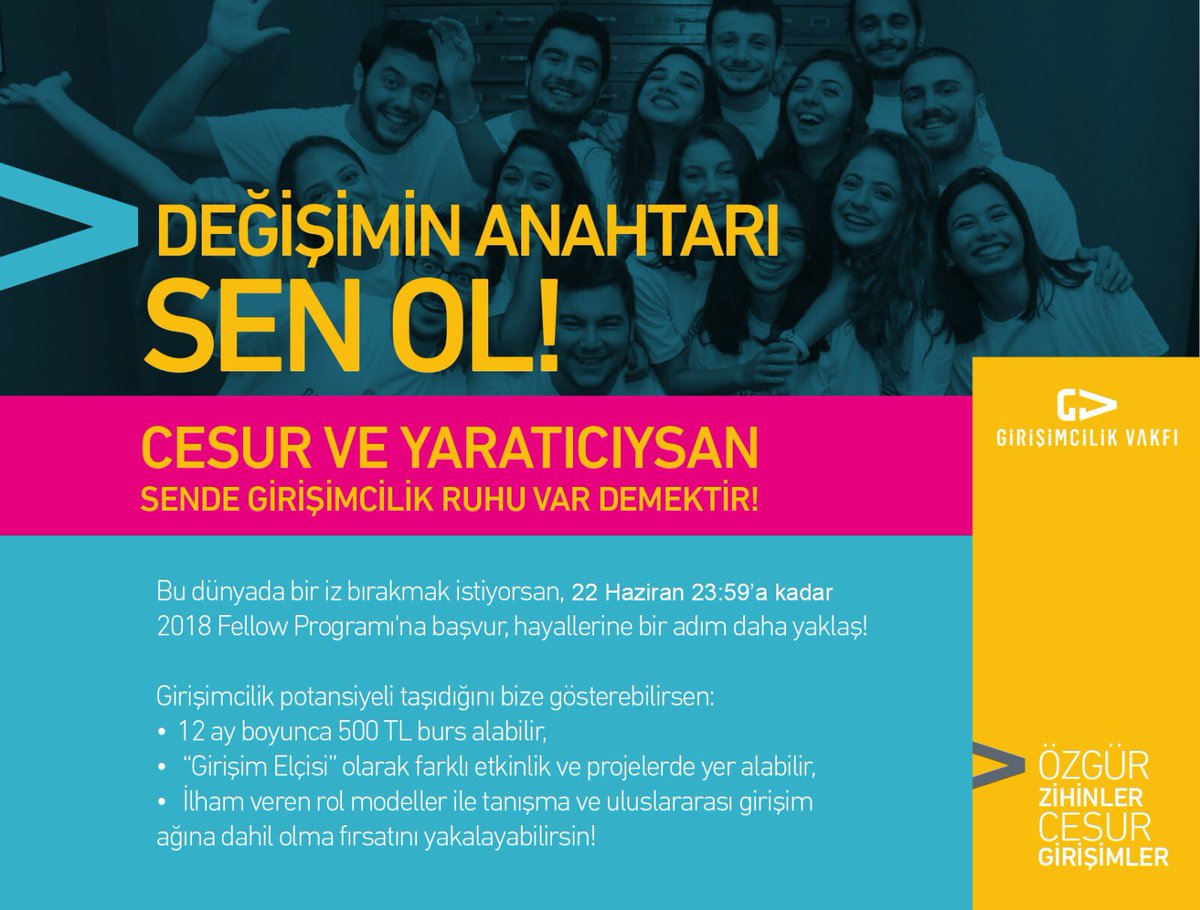 Uzun zamandır beklenen, Girişimcilik Vakfı 2018 Fellow başvuruları başladı. 22 Haziran 23:59'a  kadar, hayallerinin peşinden gitmek isteyen tüm üniversiteli gençlerimizi bekliyoruz! Başvuru için: gvfellowprogrami.com #girişimcilik #fellow #2018