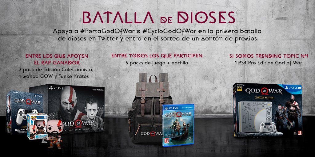 PlayStationES's tweet photo. ¡Tú decides quién gana esta Batalla de Dioses! ¡Manda tu tuit de apoyo + hashtag #PortaGodOfWar o #CycloGodOfWar y gana estos increíbles premios! 👏👏👏 
https://t.co/dU4OxVd61H https://t.co/heVjYd1e8W