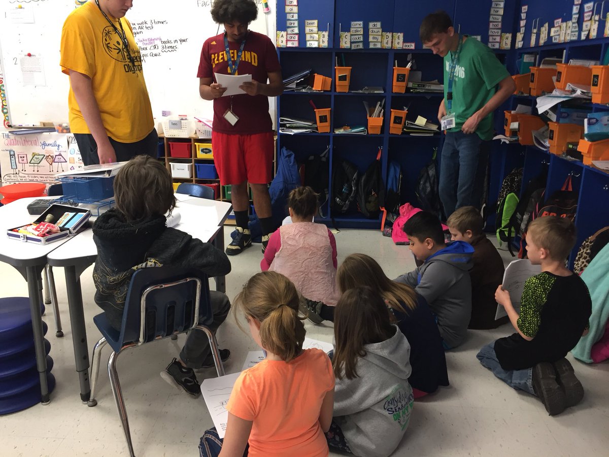 PlumbCaitlin's tweet photo. High schoolers are here to teach us about tornado safety 🌪 ! @GWCarverES https://t.co/2Ms3hzCtRF