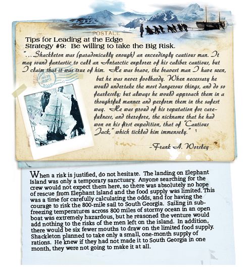 DNTP's tweet image. Sharing my Ten Critical Strategies for #leadership, one postcard at a time! Here is #Strategy #9: Be Willing to Take the Big Risk! #Shackleton #risks #riskmanagement #courage #teamwork #brave