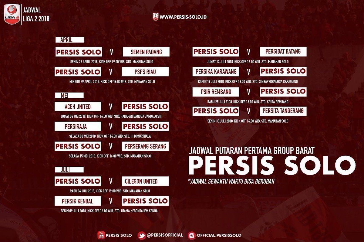 Berikut adalah jadwal liga 2 group barat putaran pertama. 

*nb: jadwal sewaktu waktu bisa berubah 

#persissolo