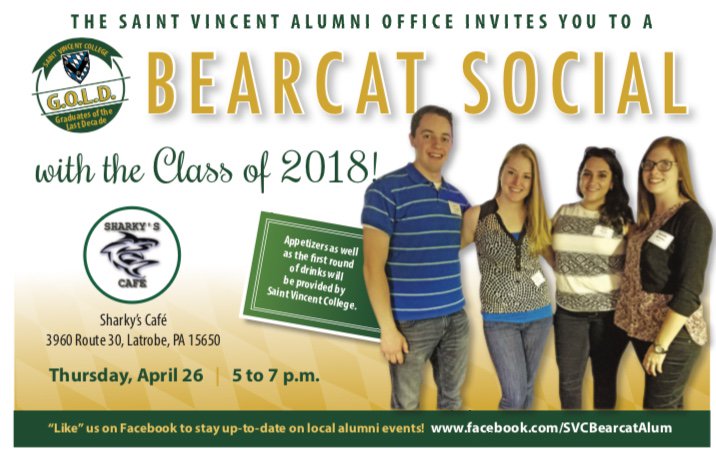 SVC_Alumni's tweet photo. GOLD Alumni: You’re invited to join the Class of 2018 at Sharky’s Cafe on Thursday 4/26 from 5-7pm! Enjoy a drink and apps on us! RSVP to alumni@stvincent.edu or 724-805-2568. https://t.co/ZH8EdQ0Fwq