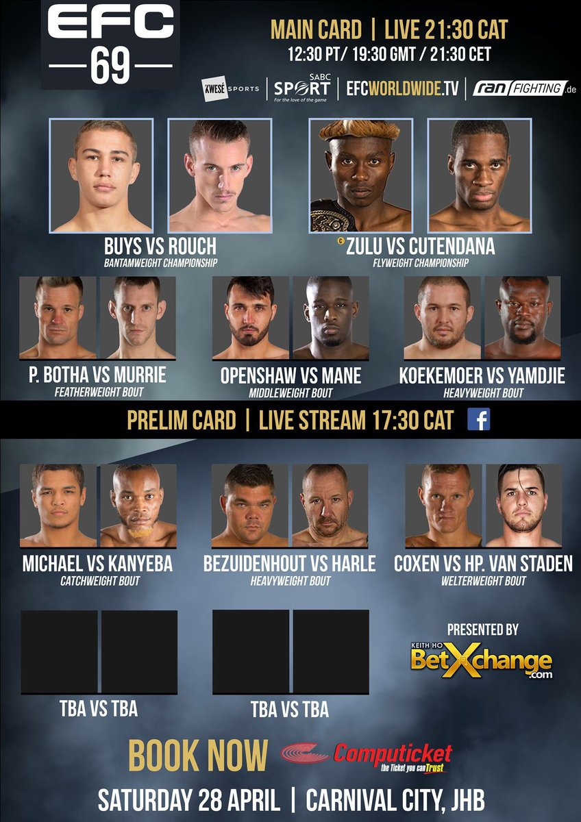 EFCworldwide's tweet photo. 2 epic title fights... 6 more explosive match-ups... and more coming soon! Next Saturday live From Carnival City, JHB.
#EFC68 Tickets: https://t.co/BeOdGGxsQN https://t.co/mkjPpRMYO6