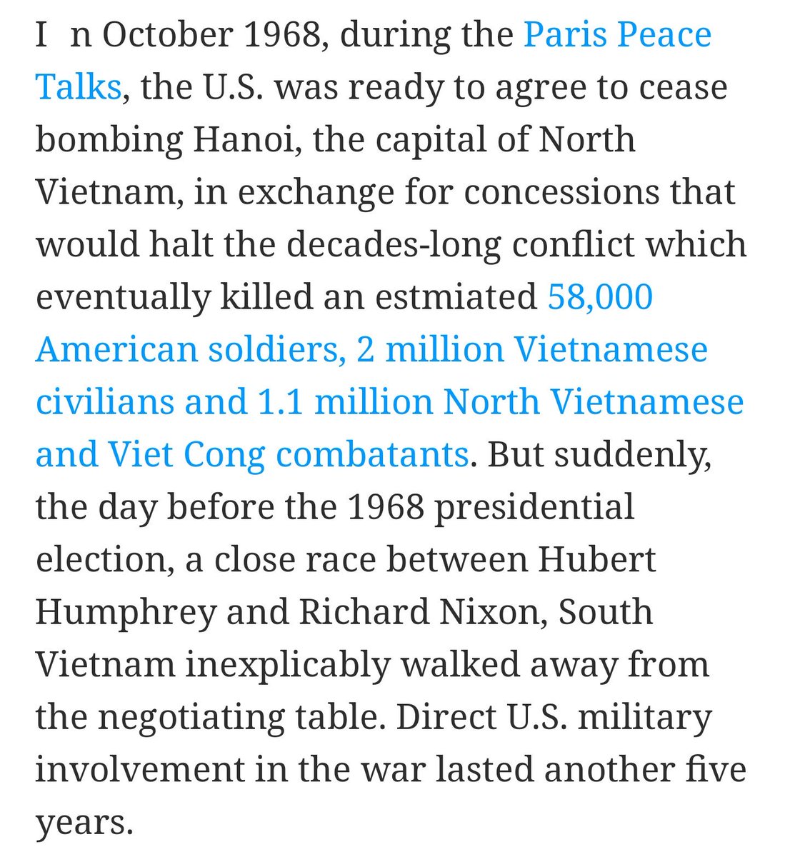 Mitchell was instrumental in thwarting President Johnson's peace talks he was trying to get established with Vietnam months before the 1968 presidential election. The talks were about an agreement to END THE WAR & most suredly would have given the win to the Democrats.