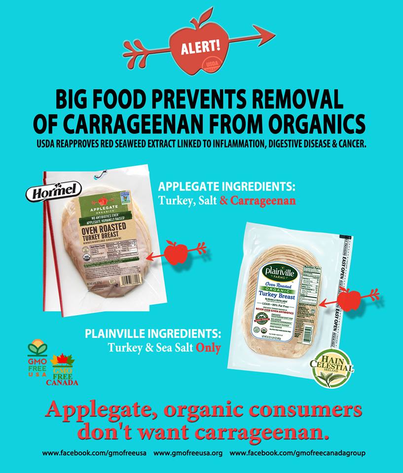 GMOFreeUSA's tweet image. The USDA has taken the side of industry and will continue to allow carrageenan in organics, despite a vote by the NOSB to drop it from the list of approved ingredients. If it says carrageenan on the label, put it back. Vote with your wallet.